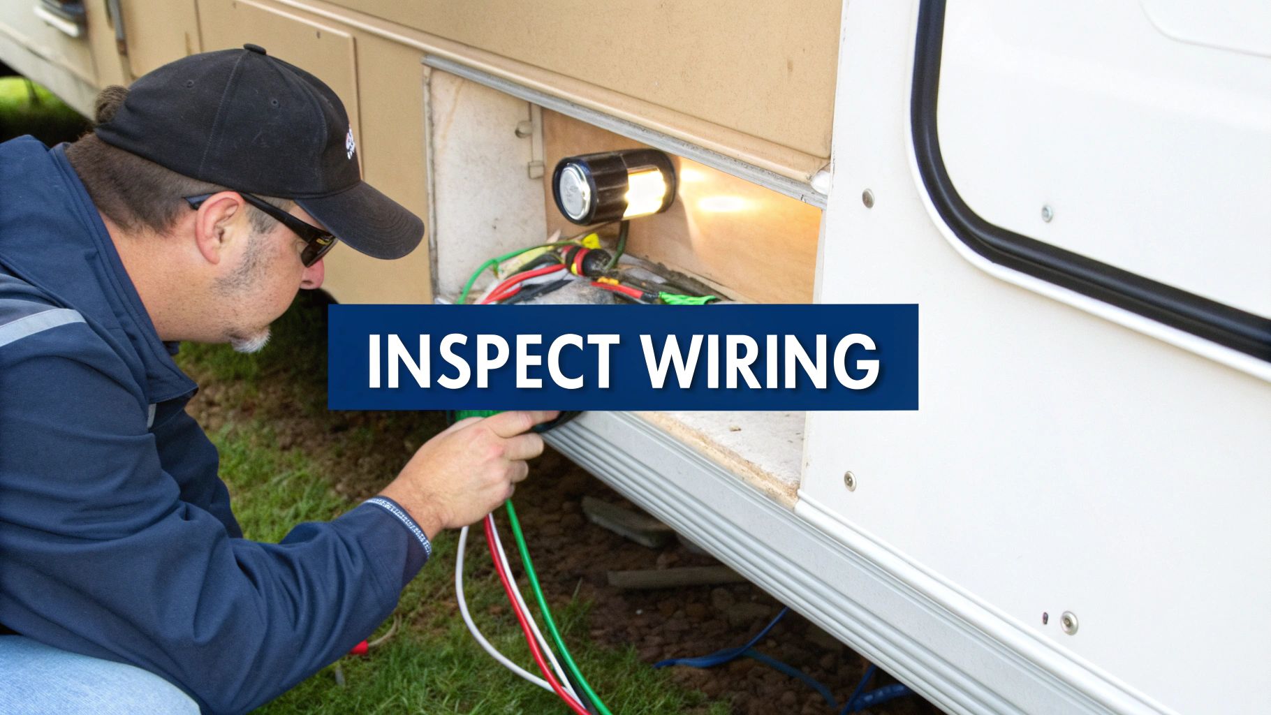 A close-up view of RV electrical wiring and connections being inspected