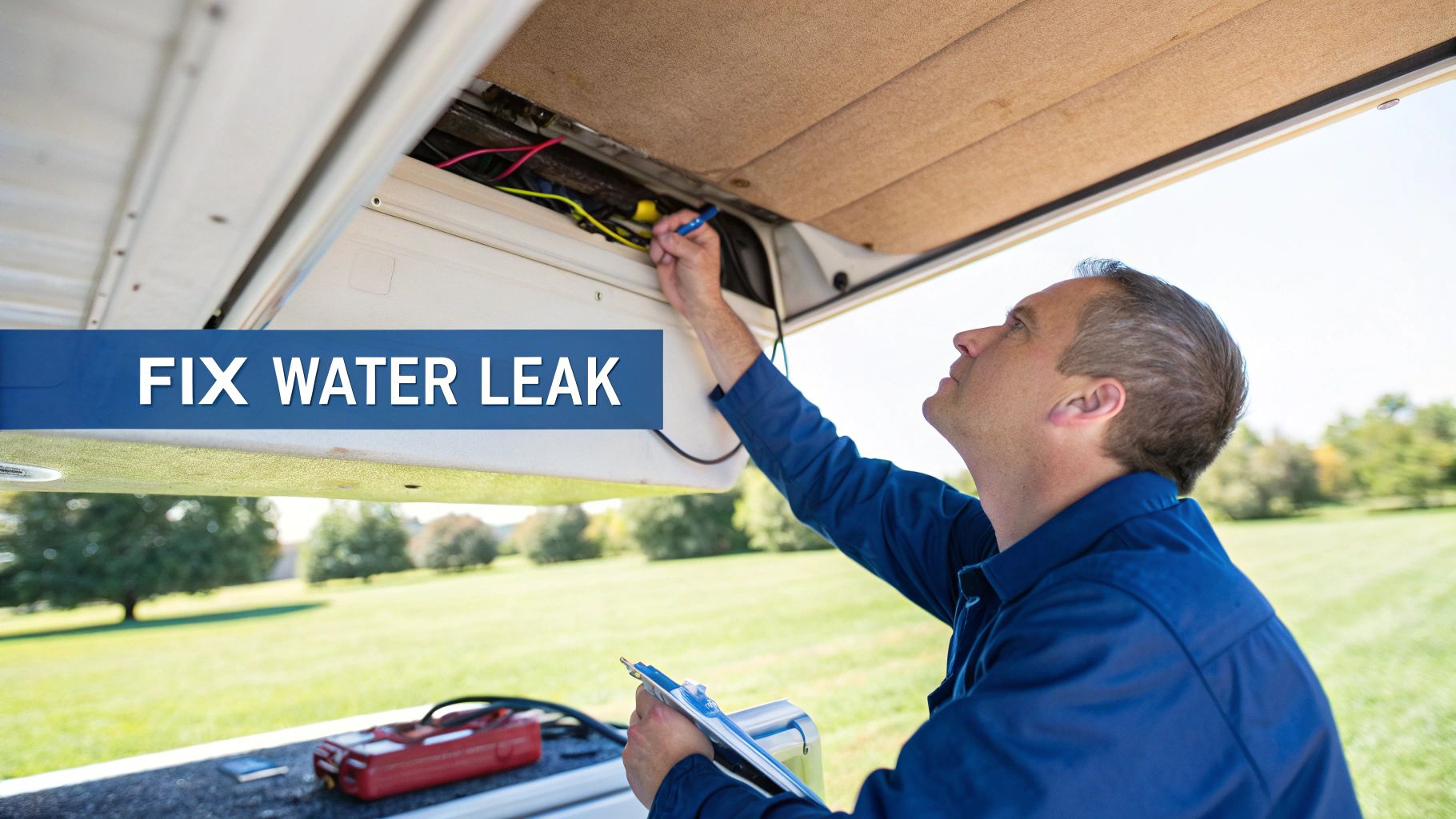 RV ceiling showing a water stain from a leaking air conditioner
