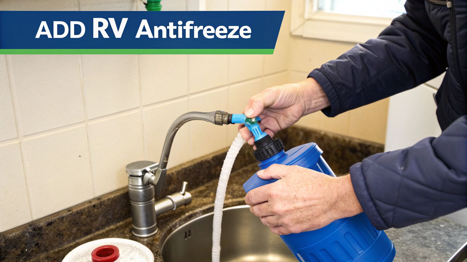 A jug of pink RV antifreeze being used to winterize an RV's plumbing system.
