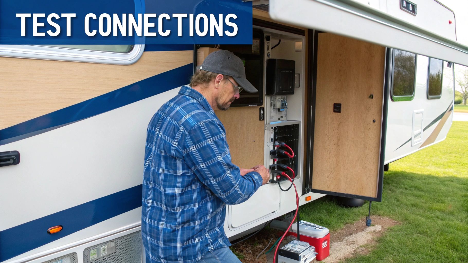 RV owner checking the power pedestal at a campsite
