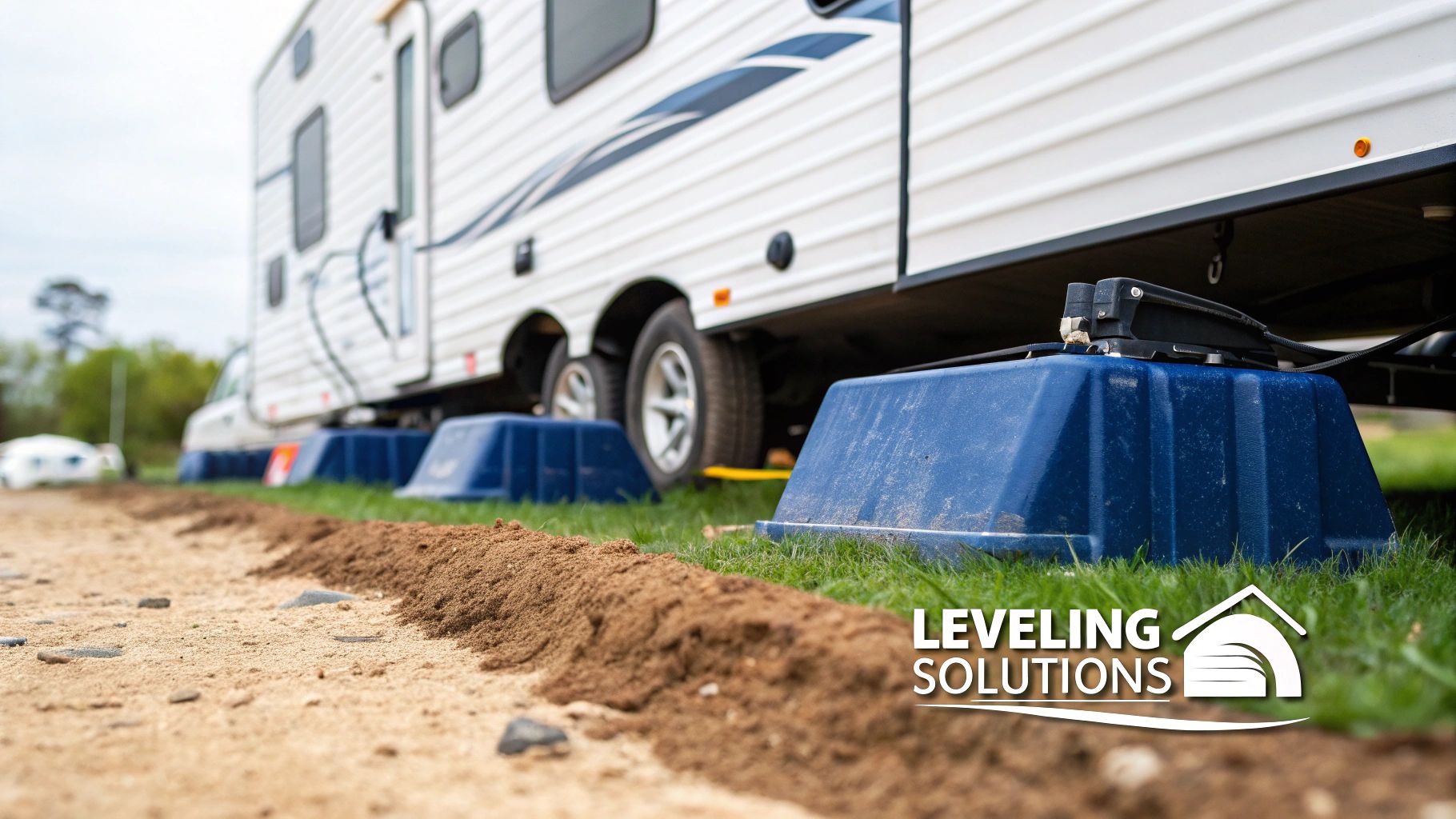 A travel trailer's leveling blocks and wheel chocks set up on uneven, grassy terrain.