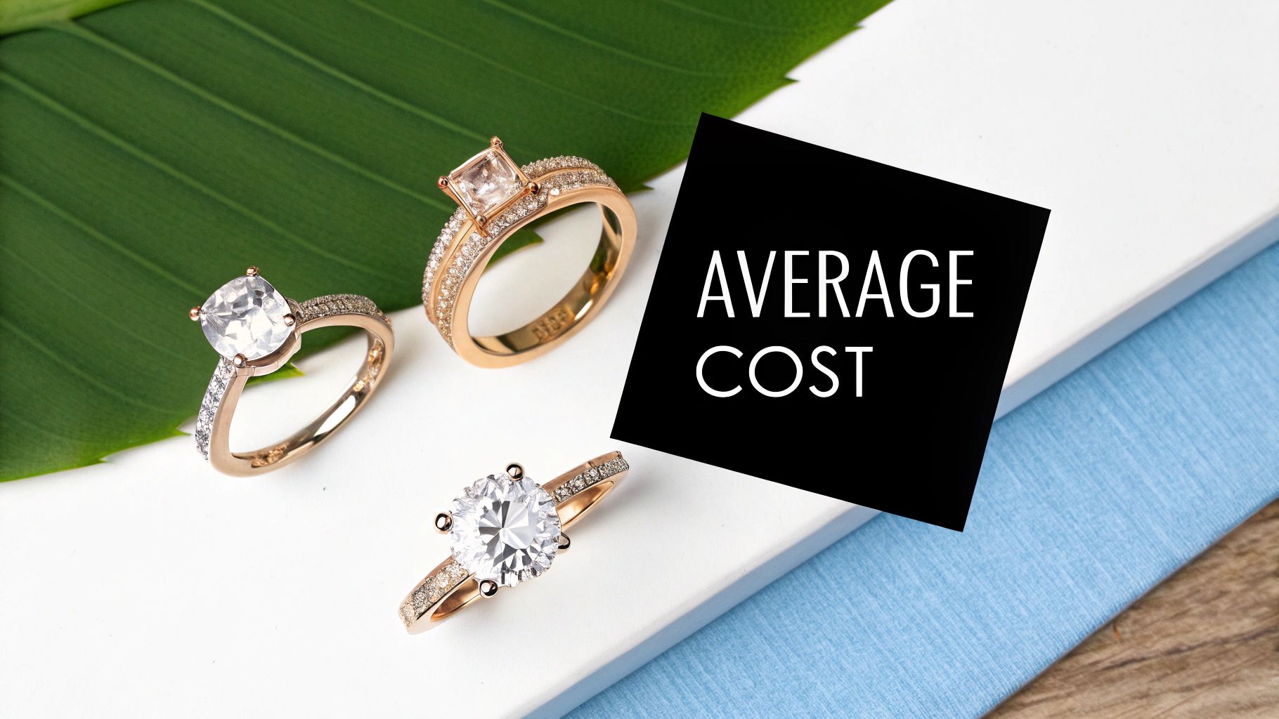 Three elegant rose gold diamond engagement rings displayed beside average cost sign on white surface