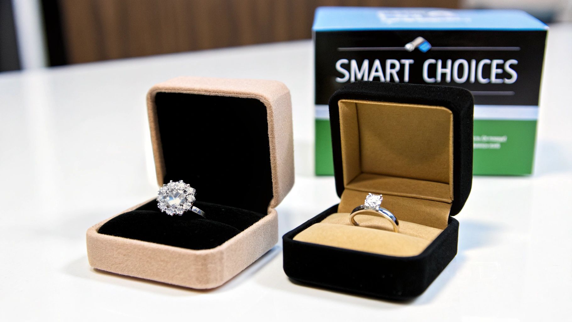 A person's hand holding a beautiful engagement ring against a soft, blurred background.