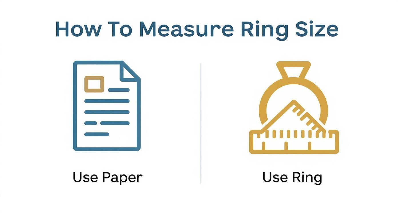 Infographic showing two methods to measure ring size using paper or an existing ring with ruler