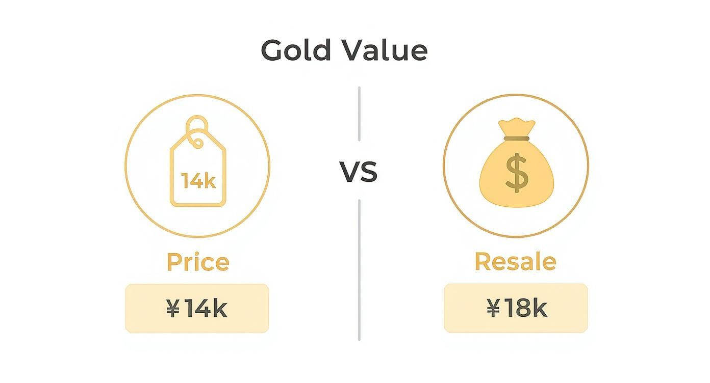 Infographic decision tree comparing the price and resale value of 14k and 18k gold.