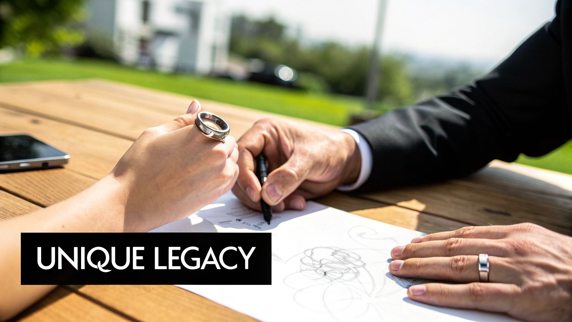 Two custom-designed wedding rings placed on a textured surface, showcasing their unique details.