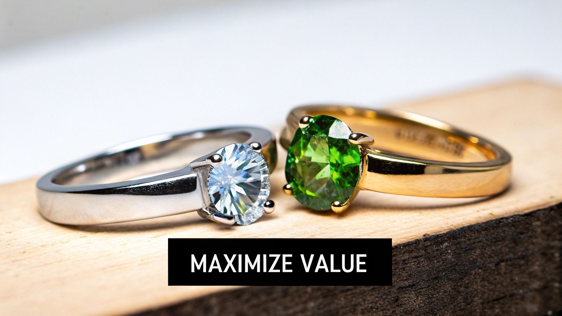 Two elegant engagement rings with diamond and emerald stones on gold bands maximize value