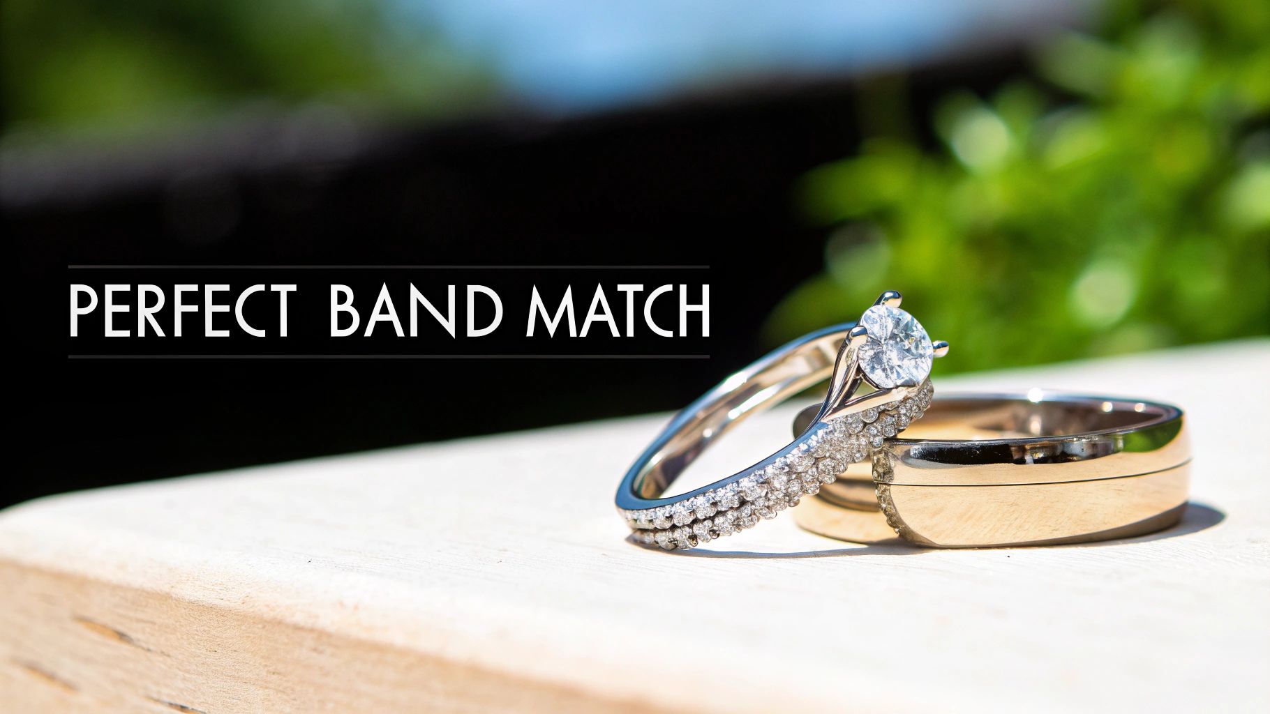 A floral engagement ring paired with a matching wedding band, both displaying intricate details.