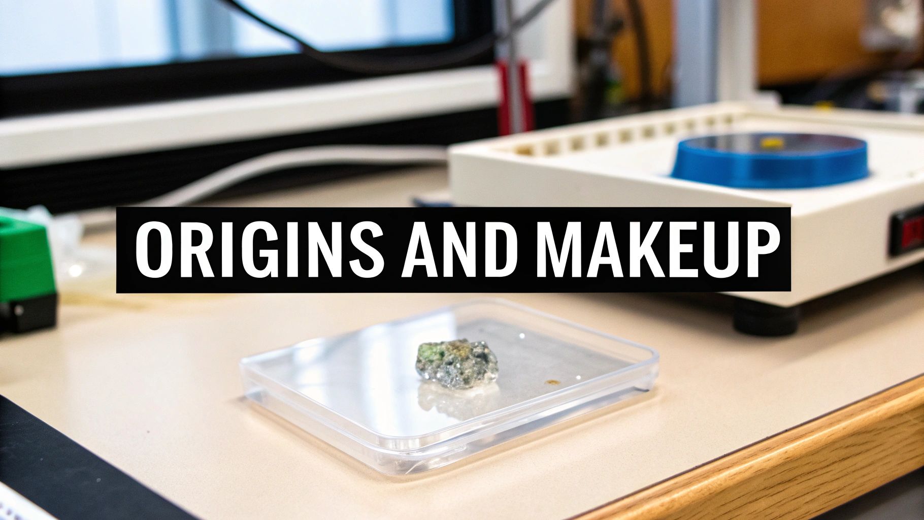 Laboratory equipment and gemstone sample in clear container on desk for gem testing analysis