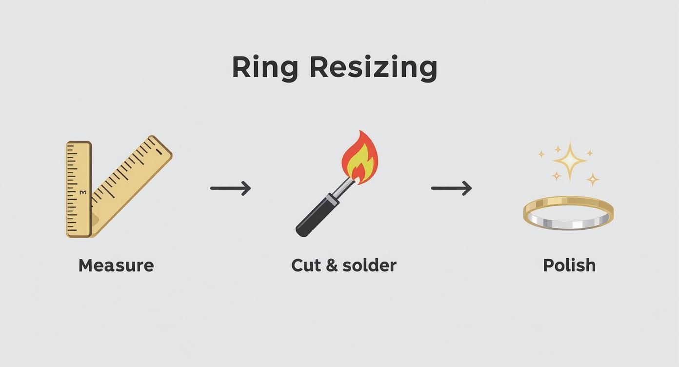 Illustration showing the ring resizing process: measuring, cutting, soldering, and polishing the ring.
