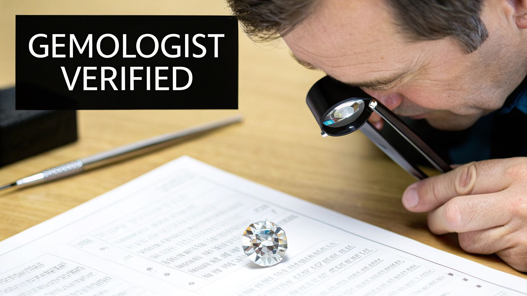 Gemologist inspecting a diamond with a loupe
