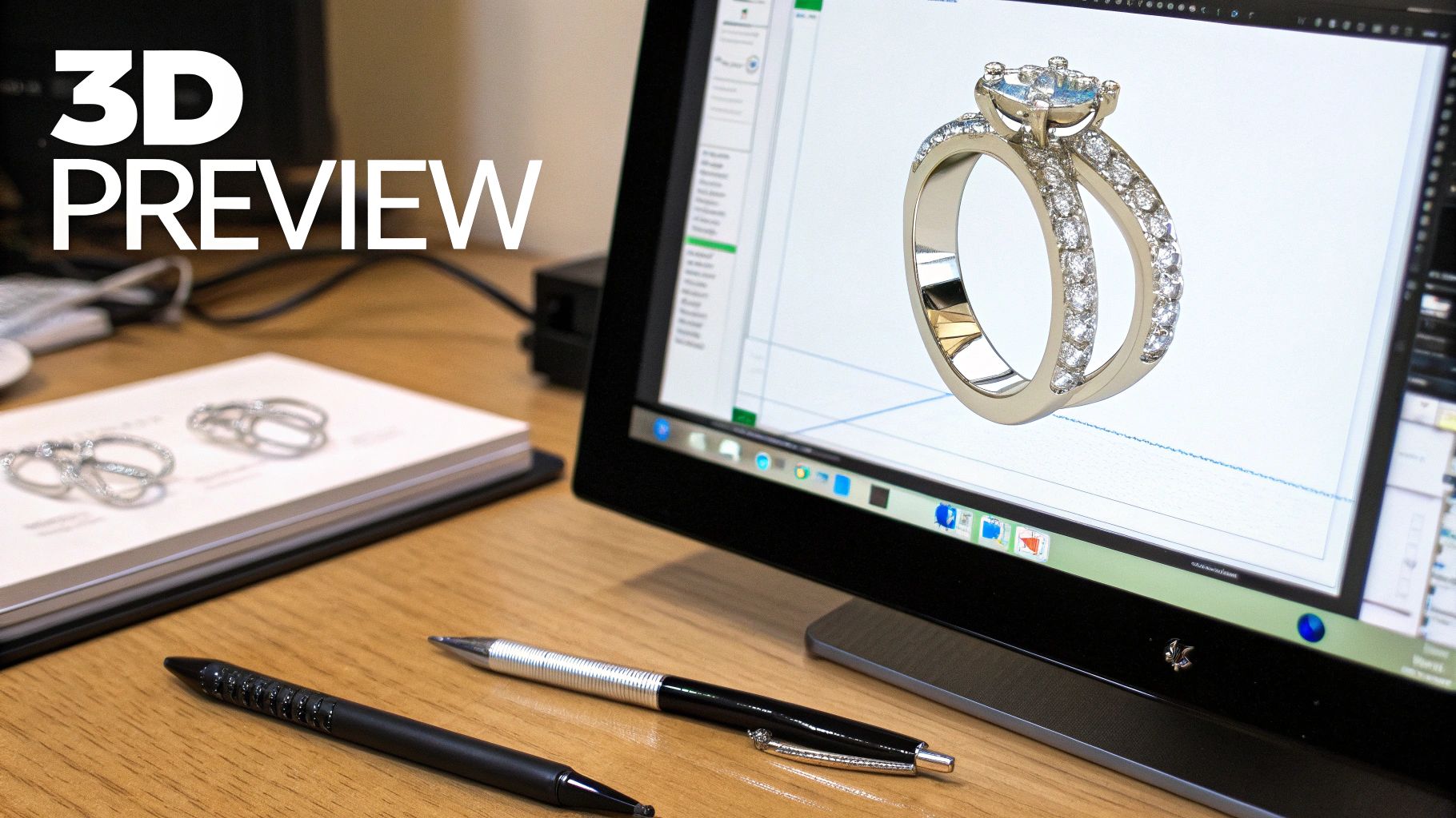 A detailed 3D CAD rendering of a custom wedding ring design on a computer screen.