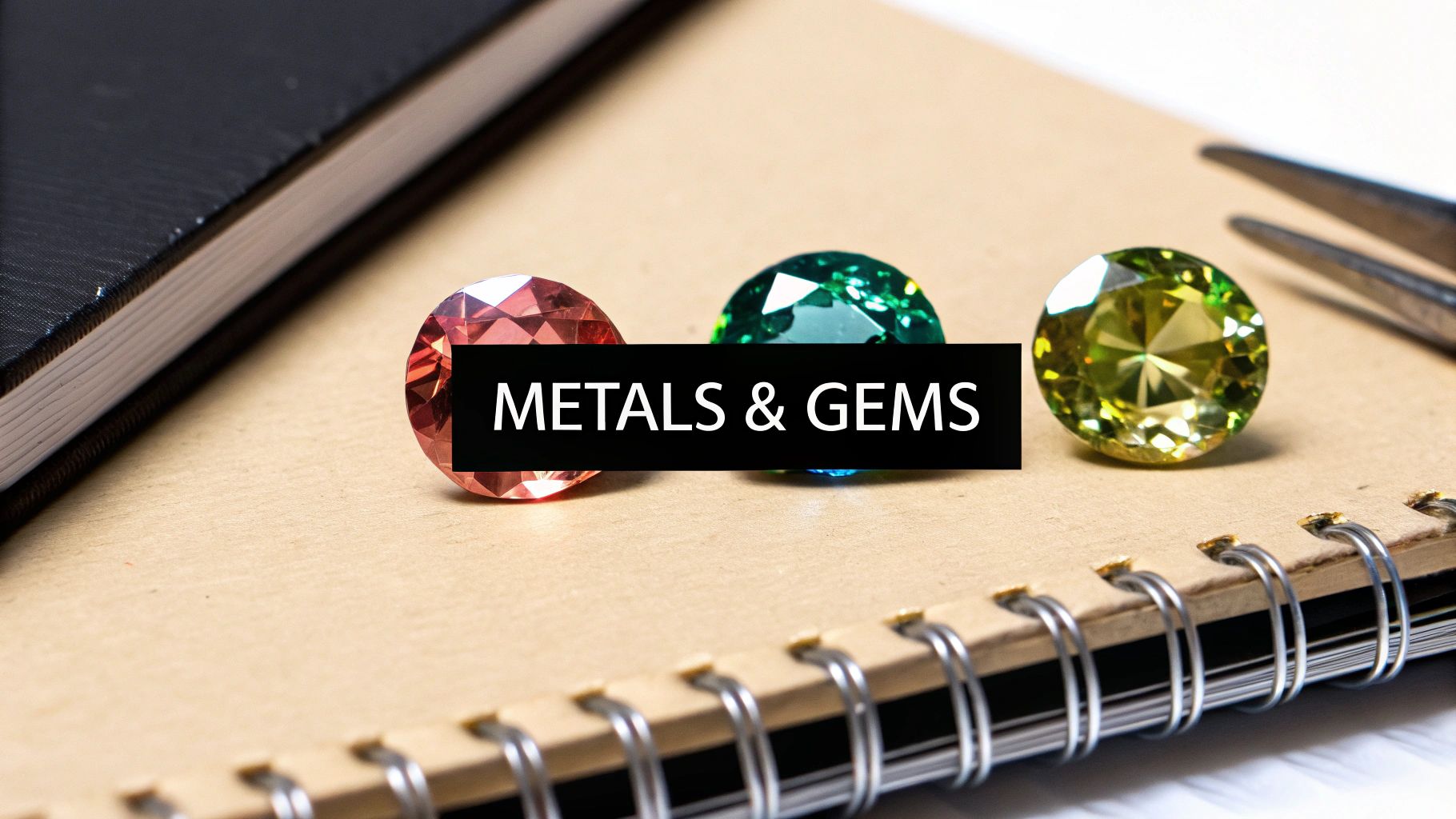 A close-up of various precious metals and gemstones on a jeweller's workbench