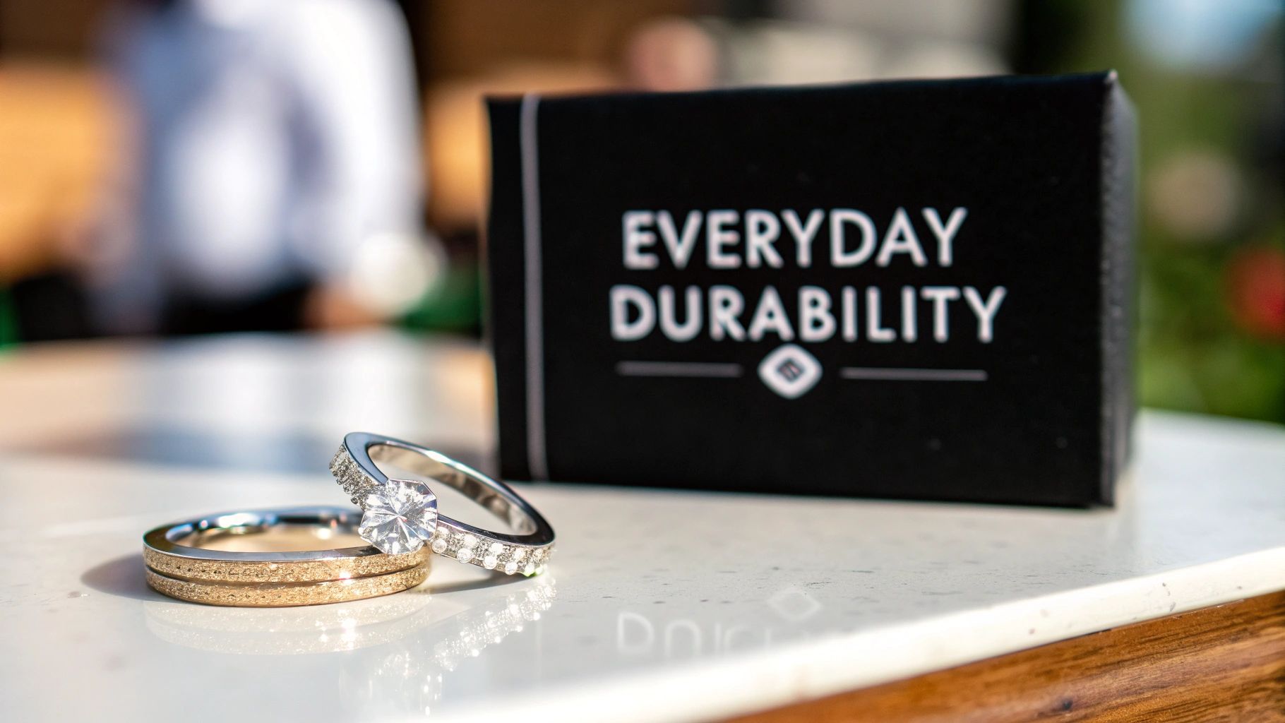 Two engagement rings, one moissanite and one lab diamond, being worn to showcase their suitability for daily life