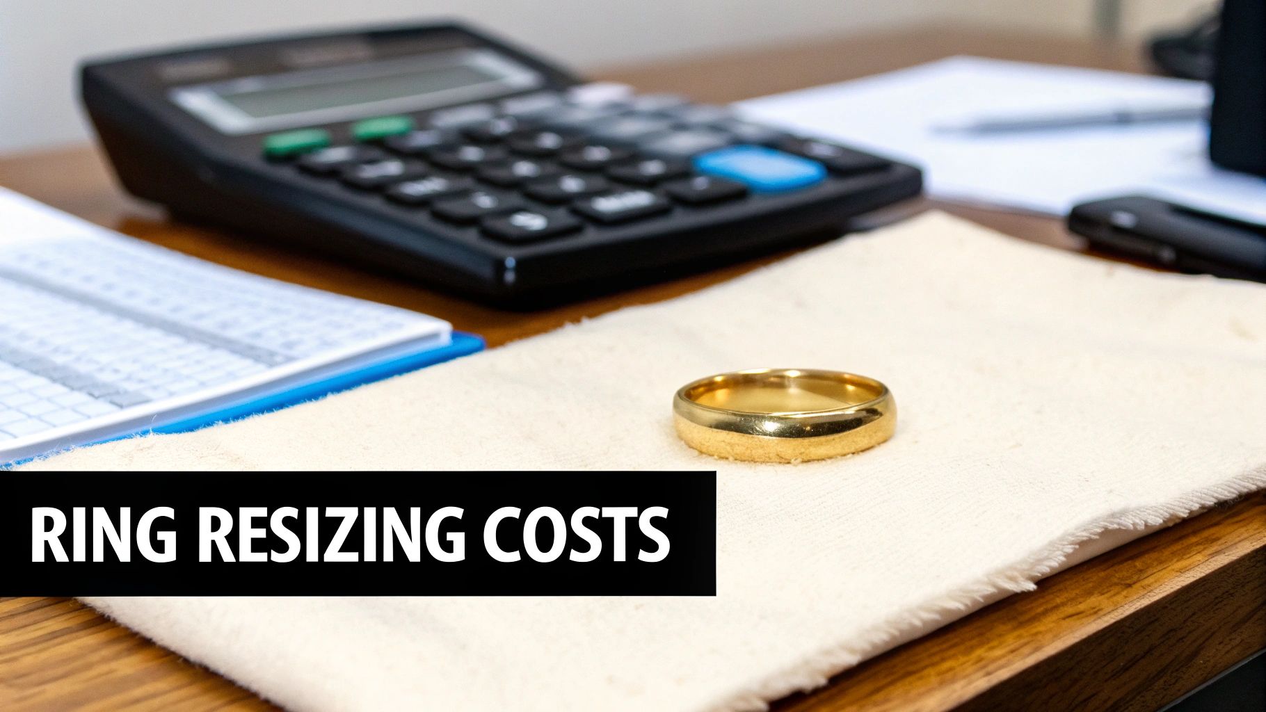 A gold ring rests on a white cloth, with a calculator and documents in the background, symbolizing ring resizing costs.