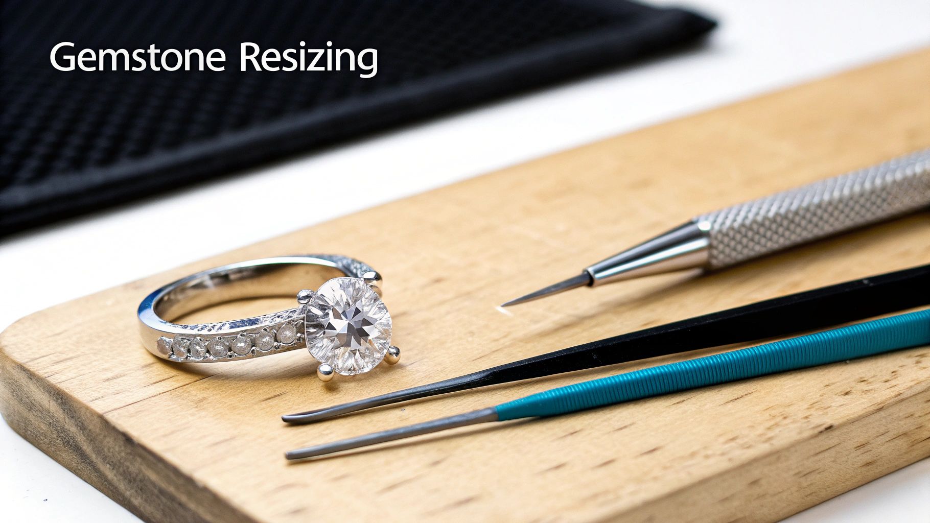 A diamond engagement ring on a wooden board with jewelers' tools, indicating gemstone resizing.