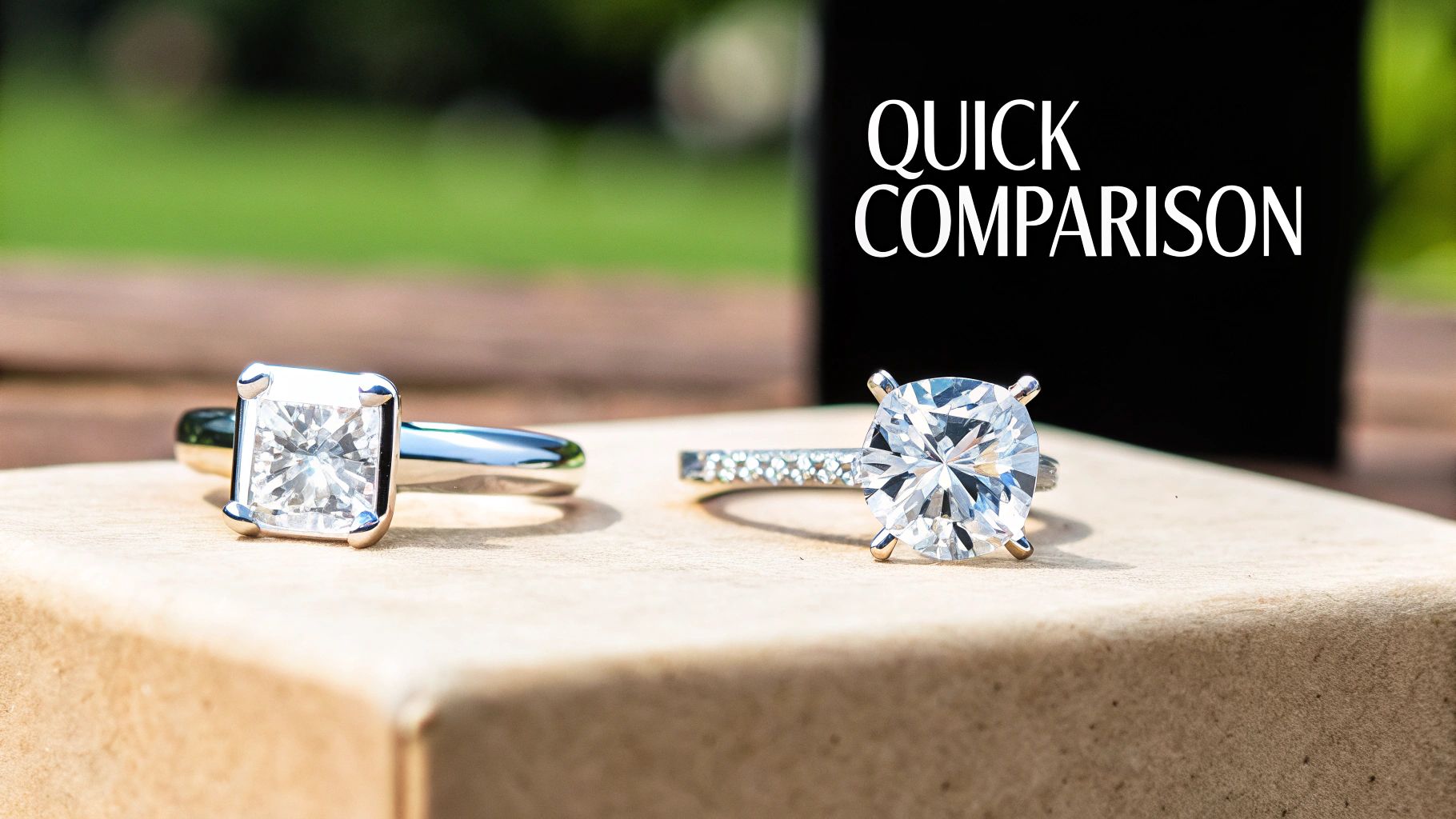 Side by side comparison of cushion cut and round brilliant engagement rings on stone surface