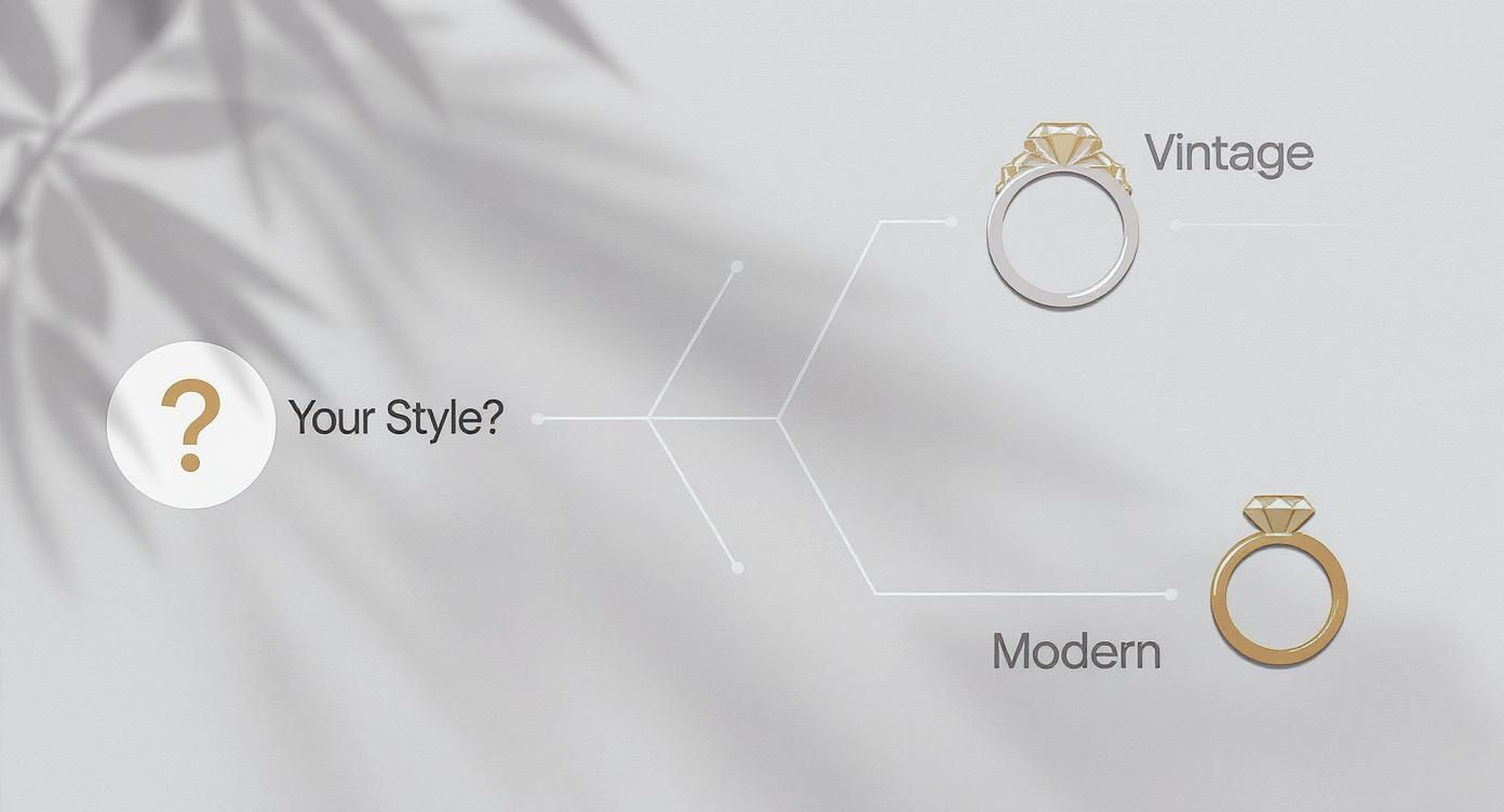 Infographic showing a decision tree for choosing between vintage and modern ring styles.