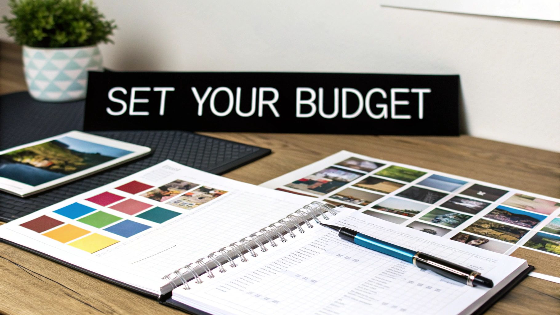 A couple looking at a mood board together, with images of rings, textures, and landscapes.