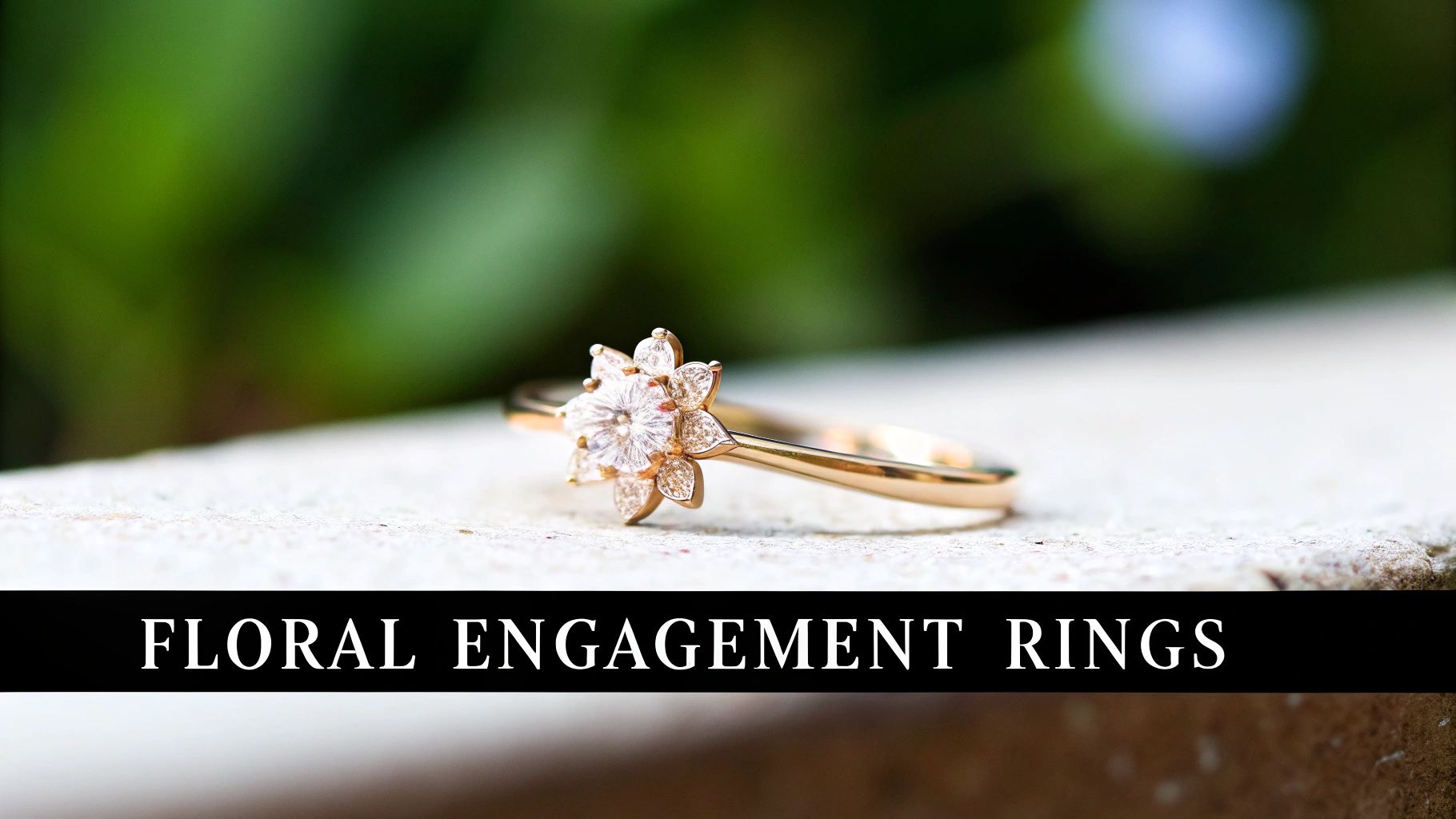 A delicate floral engagement ring with intricate petal details held between two fingers.