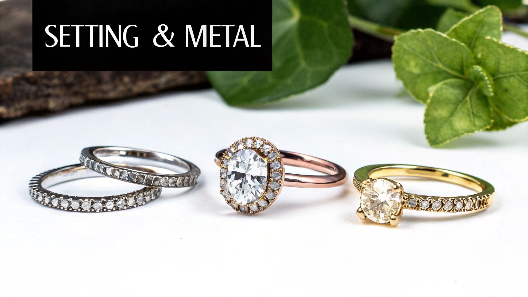 A collection of various engagement ring settings and metal colours.