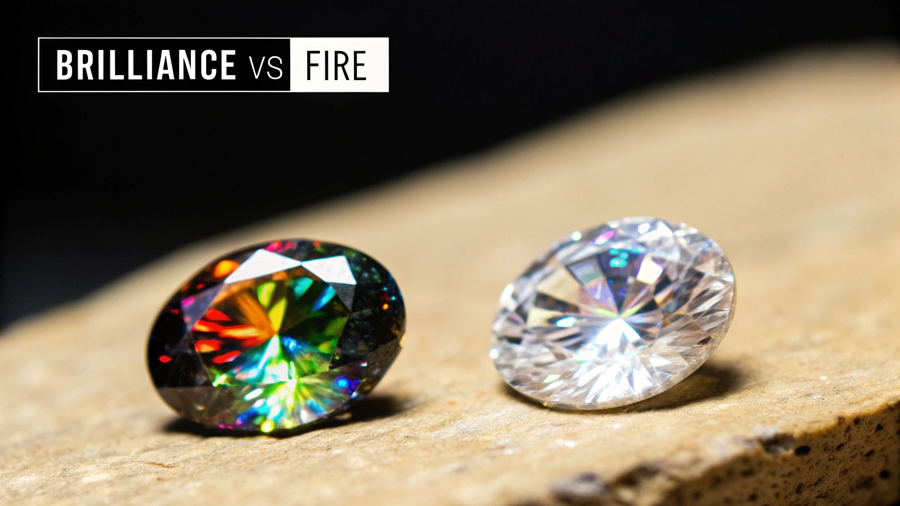 A close-up shot showing the sparkle and fire of a lab-grown diamond next to a moissanite.