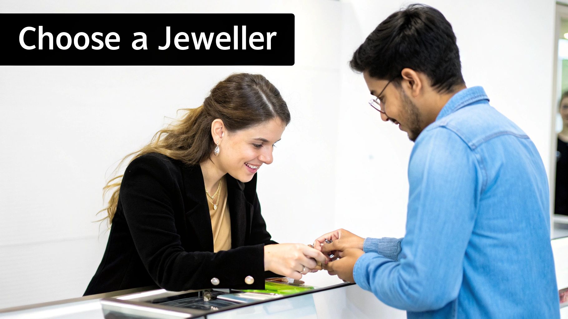 Smiling female jeweler assists a male customer trying on a ring at a jewelry counter.