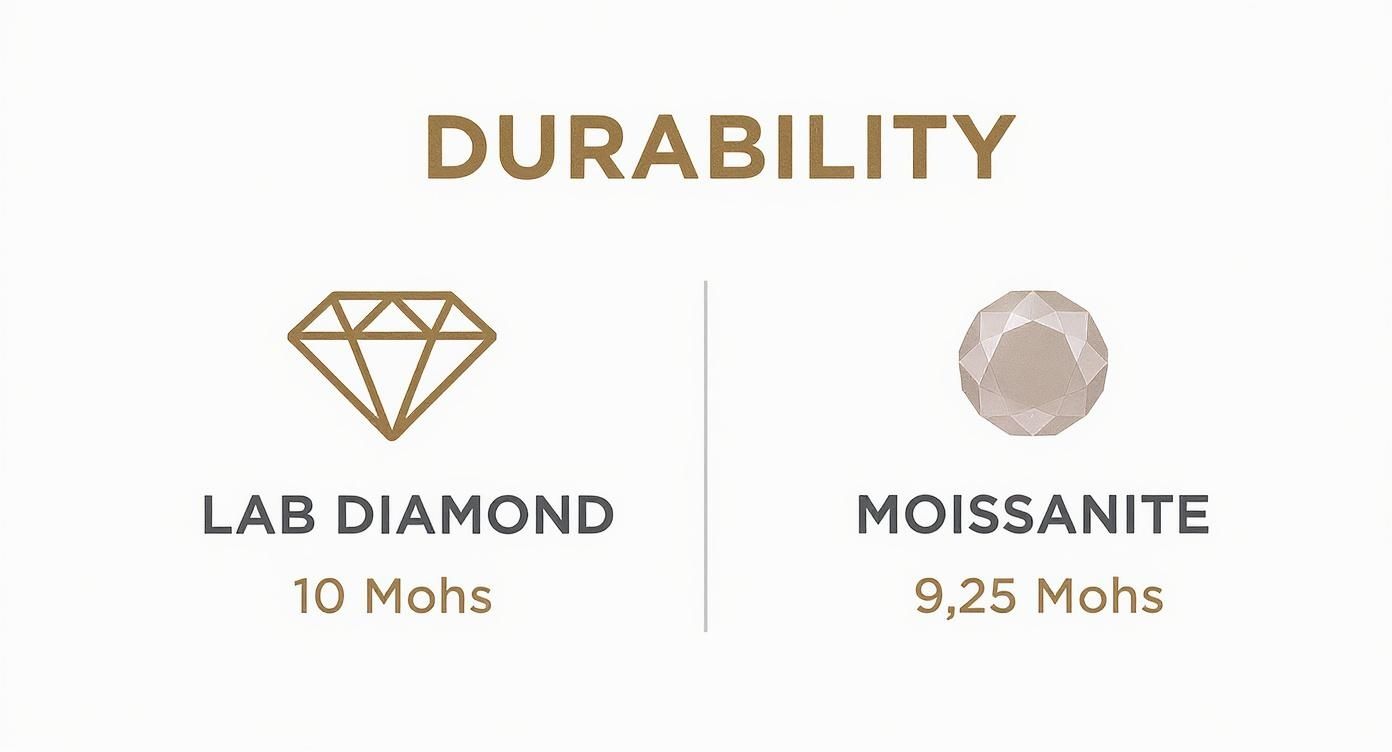 Infographic comparing the durability of lab grown diamonds (10 Mohs) and moissanite (9.25 Mohs).