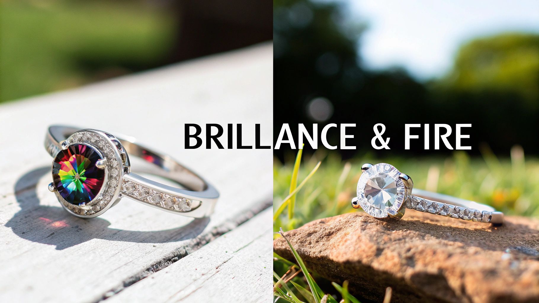 A close-up of a moissanite and a lab diamond side-by-side, showcasing their sparkle