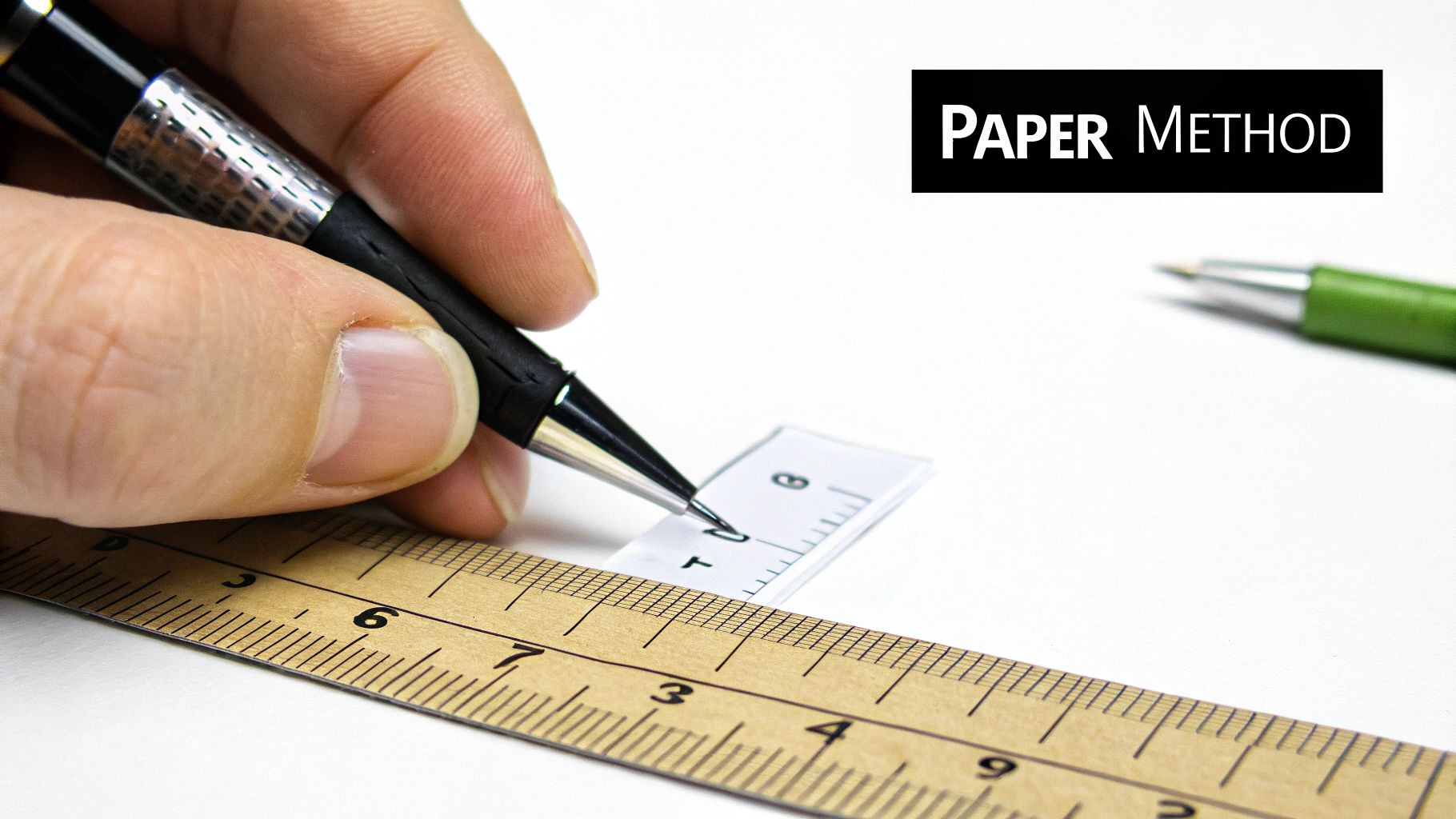 A person wrapping a thin strip of paper around their finger to measure its size