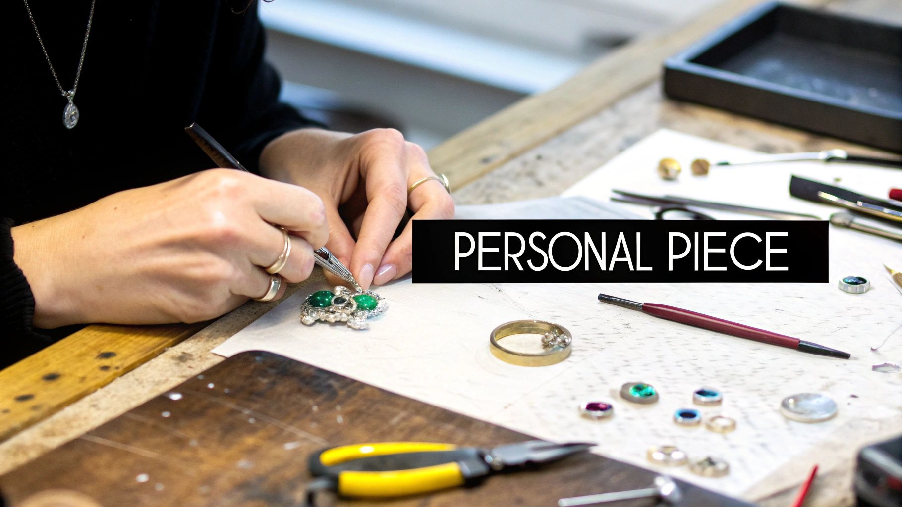 A custom jewellery designer carefully crafting a ring with professional tools.