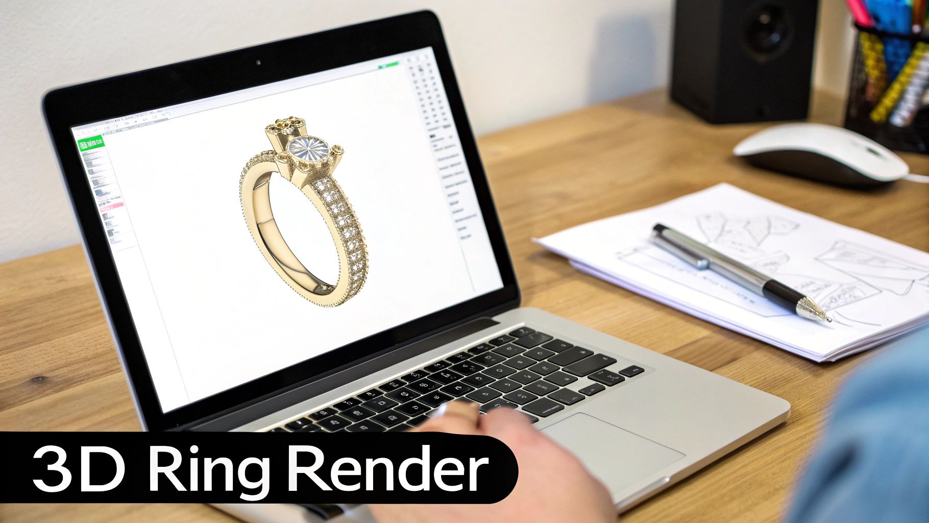 A CAD render of a custom engagement ring design.