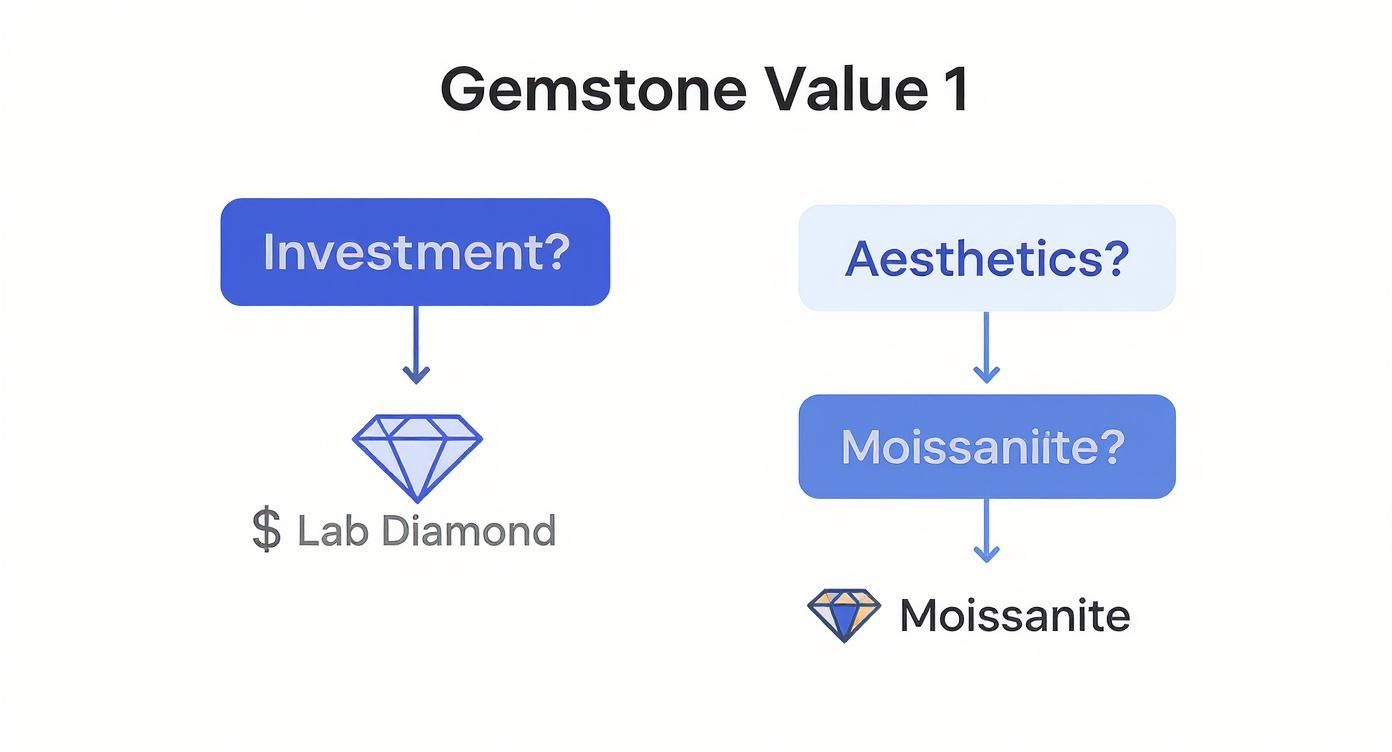 Infographic decision tree comparing moissanite vs lab diamond based on investment or aesthetic value.