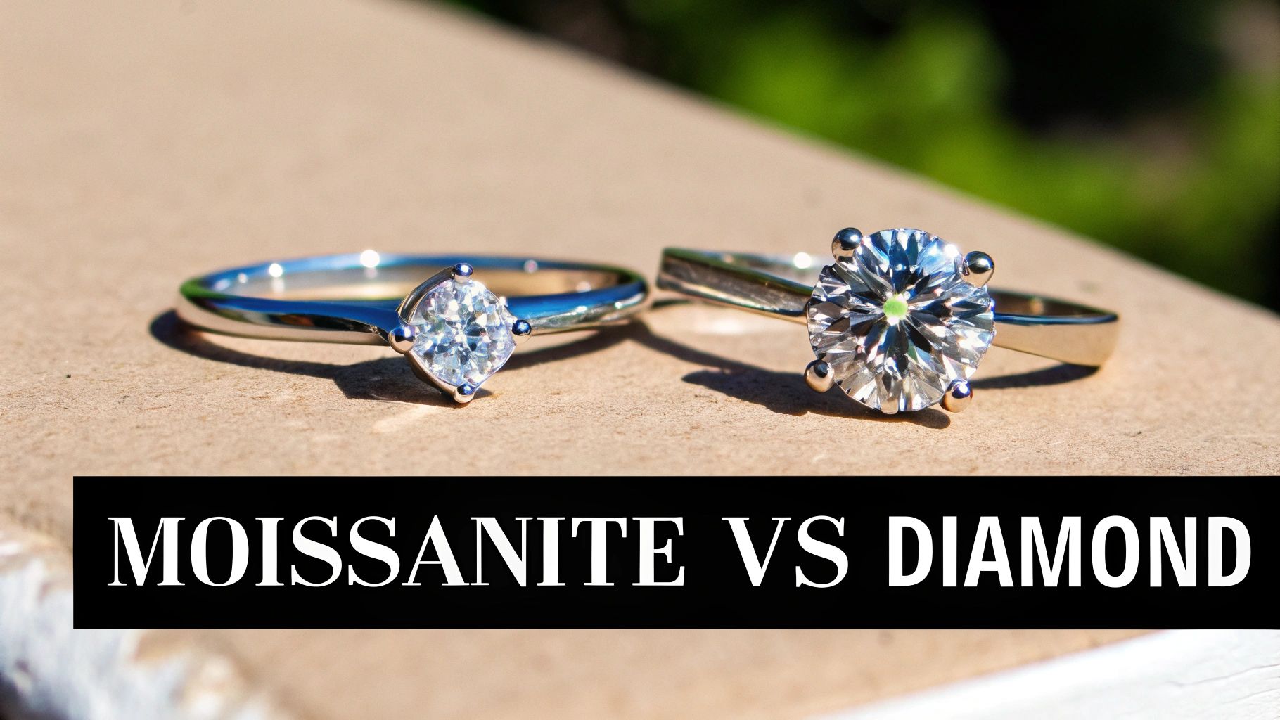 Side by side comparison of moissanite and diamond engagement rings with solitaire settings on natural stone surface