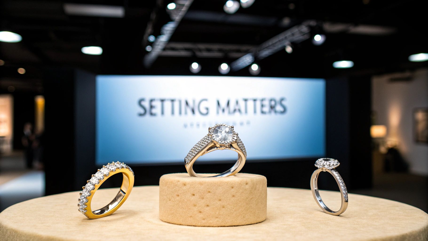 A close-up of a two carat diamond ring in a gold setting, held between two fingers.