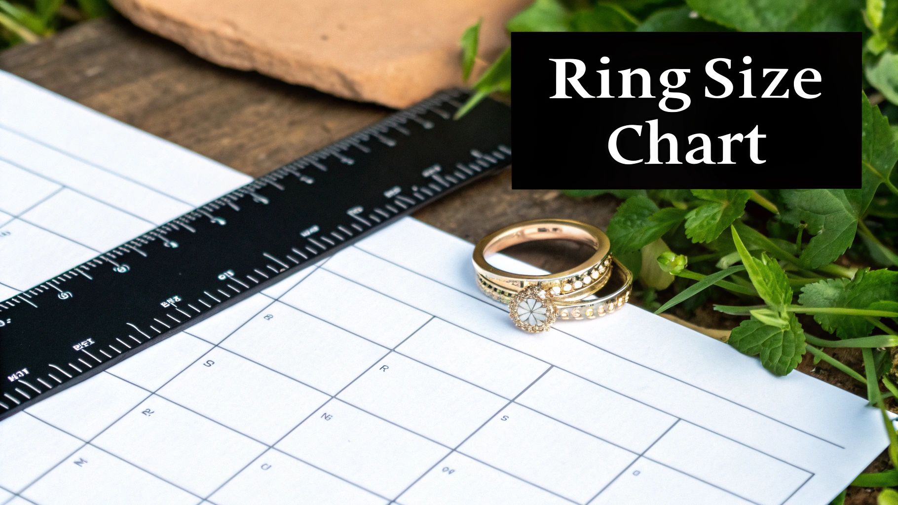Gold engagement rings displayed on ring size chart with black ruler for measuring finger size