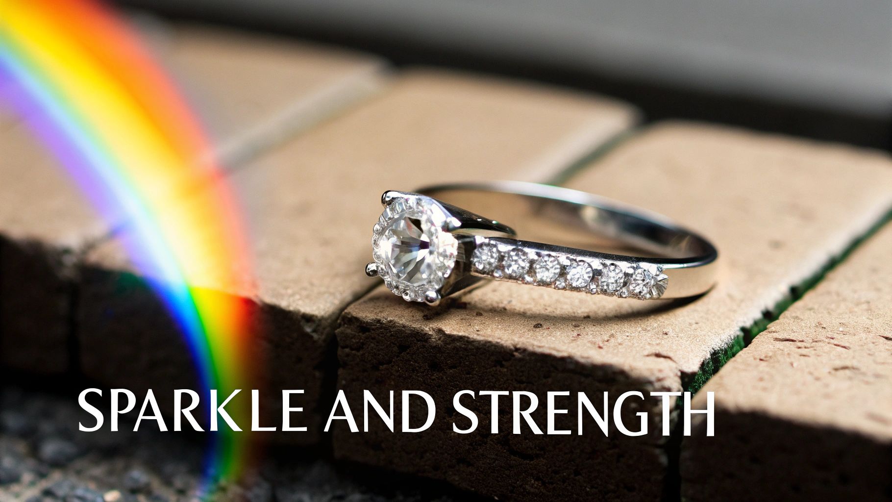 Diamond engagement ring with rainbow prism light on stone surface showcasing sparkle and durability