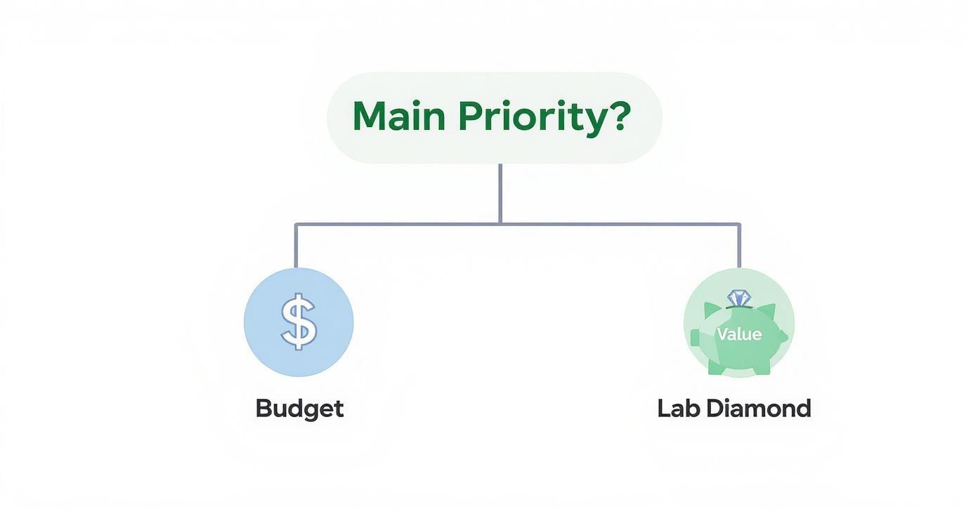 Decision flowchart showing main priority choice between budget and lab diamond value options
