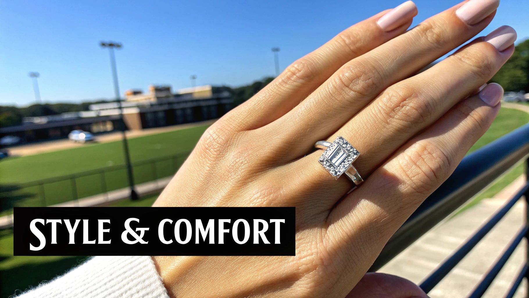 A person's hand wearing a beautiful rectangle engagement ring.