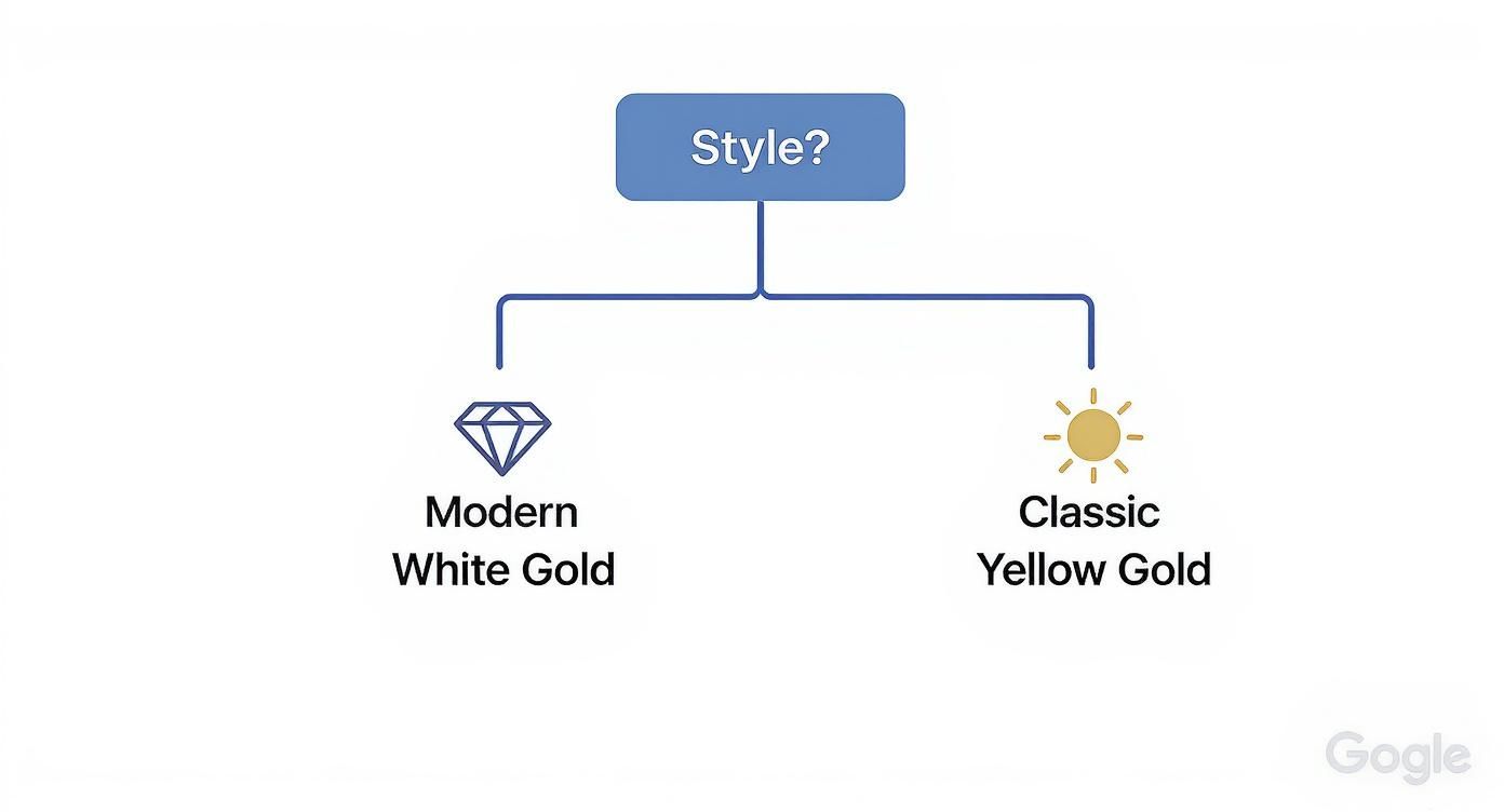 Infographic decision tree comparing white gold vs yellow gold based on style preference