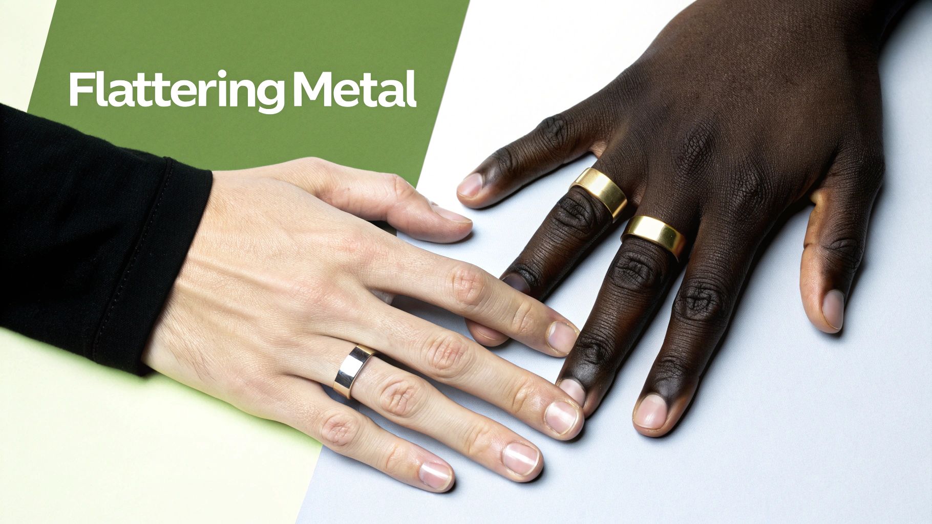 A pair of gold wedding bands, one white gold and one yellow gold, resting on a wooden surface