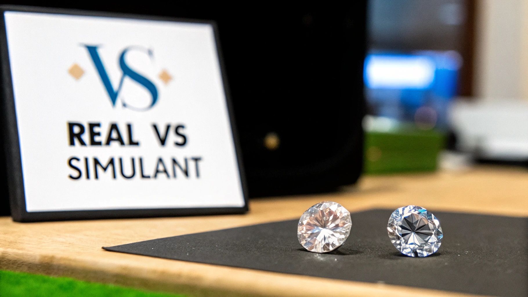 A sparkling engagement ring featuring either a moissanite or lab diamond, held in a hand