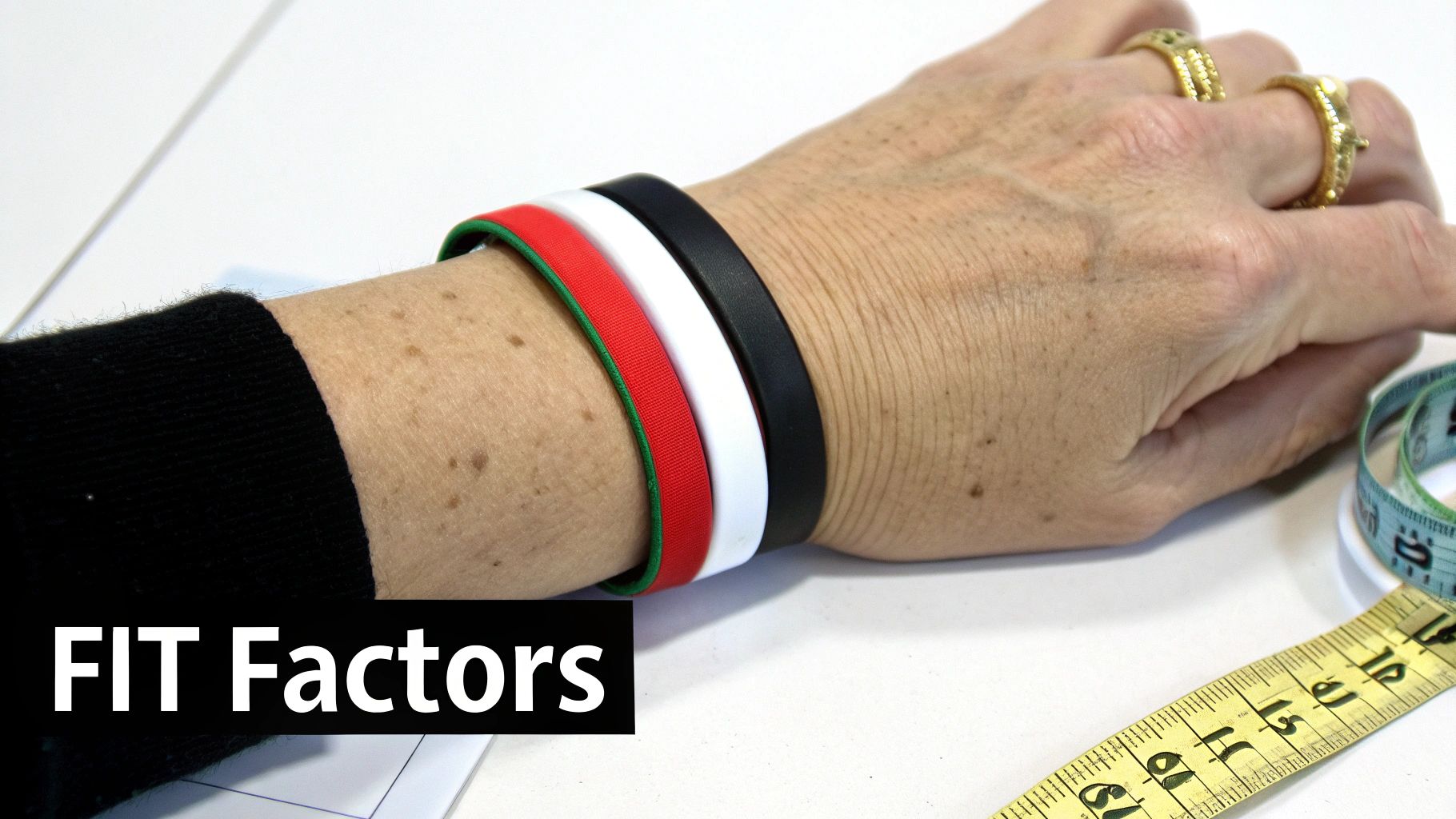 Person wearing colorful silicone bracelets on wrist next to yellow measuring tape for sizing