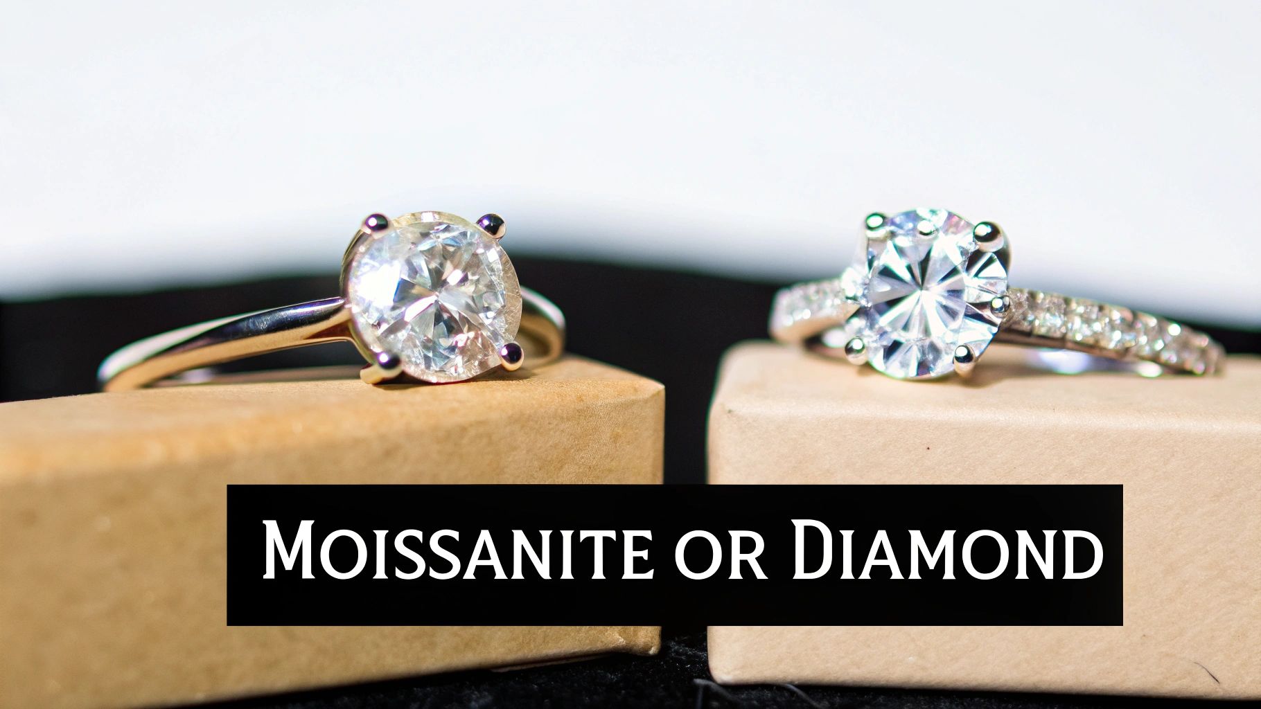 Two hands holding, one with a sparkling engagement ring, symbolizing the choice between moissanite and diamond.