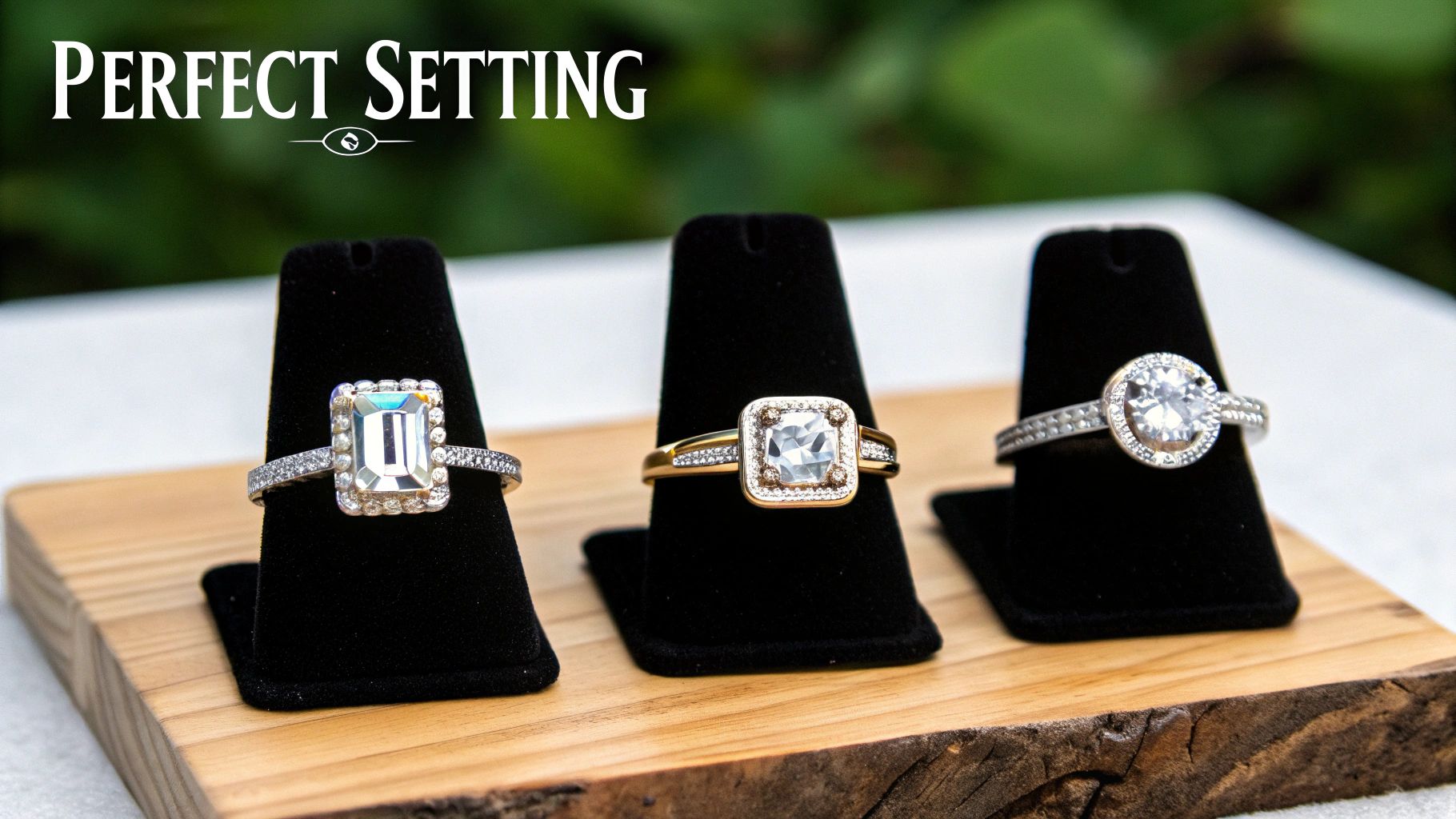 A close-up of a rectangle engagement ring with a halo setting on a white gold band.