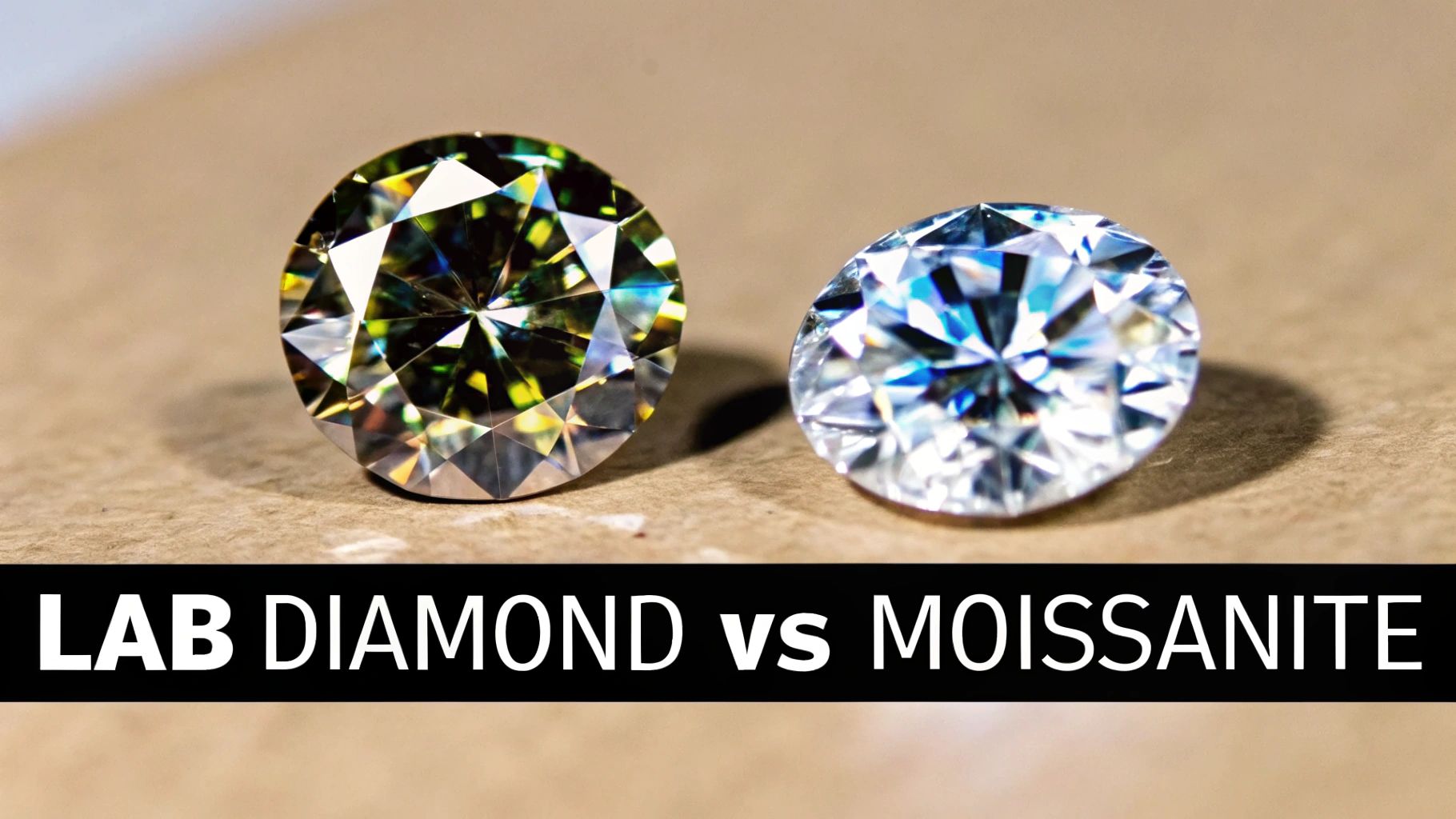 A detailed comparison of a lab-grown diamond and a moissanite gemstone.