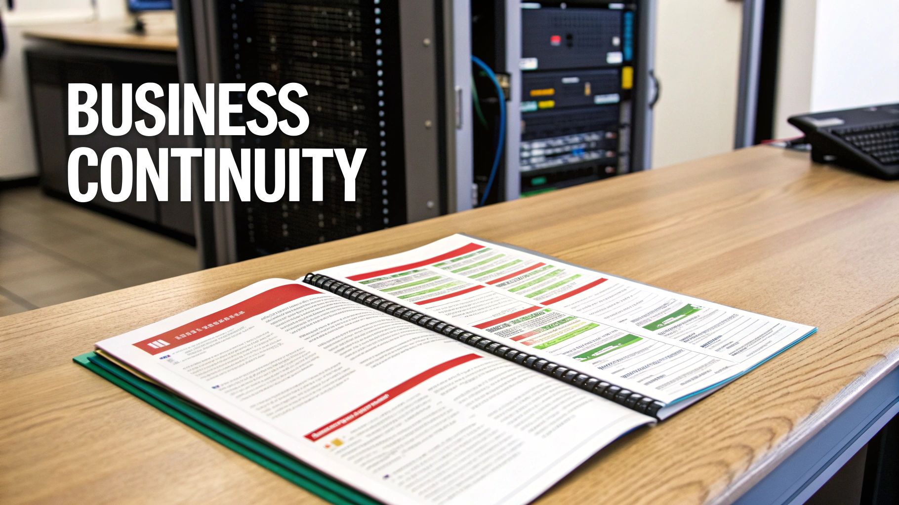 Business continuity planning document on desk with server equipment in background for disaster recovery