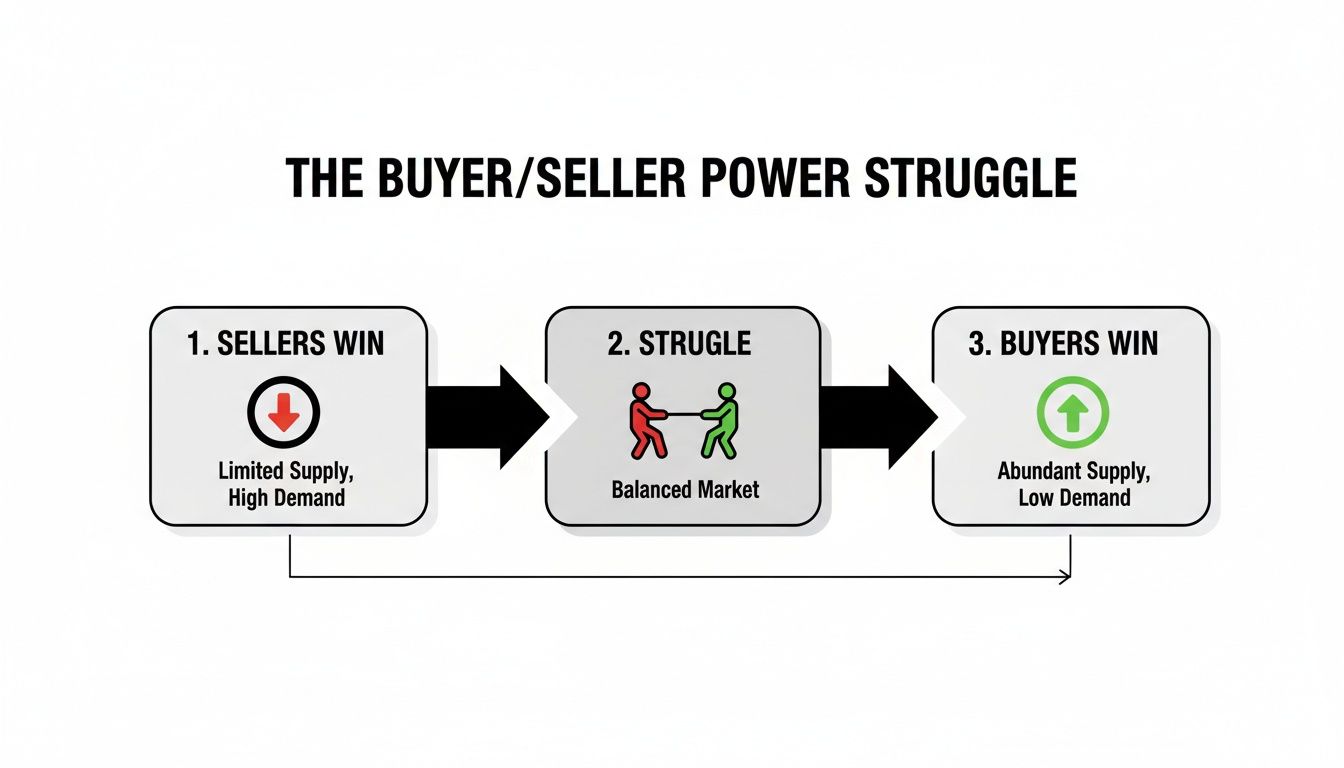Flowchart illustrating the buyer/seller power struggle through market stages: sellers win, struggle, buyers win.