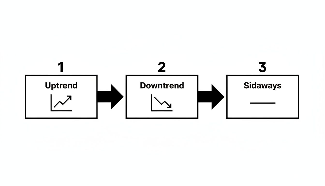 A diagram illustrating three market trends: uptrend, downtrend, and sideways movement with corresponding graphs.