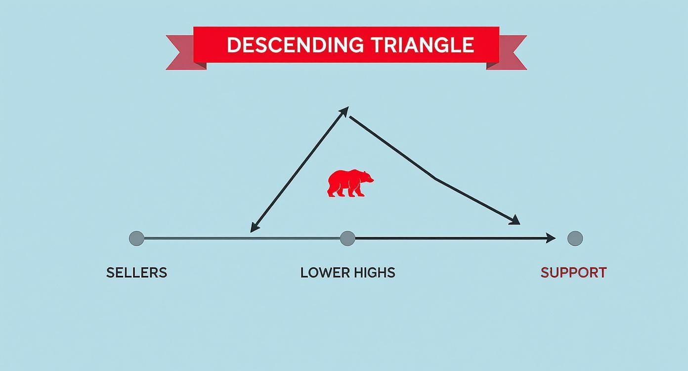 Infographic showing the components of a descending triangle with icons for sellers, lower highs, and support.